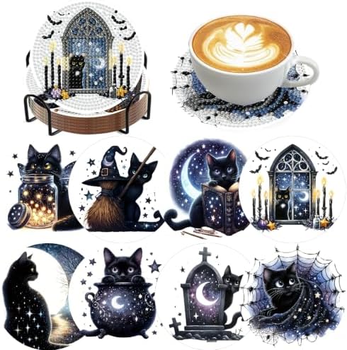 8 Pcs Cat Dimond Art Coasters Kits for Adults,Black Cat Diamond Painting Coaster Kits with Holder,Gem Art Paintings Crafts Supplies for Home Decor