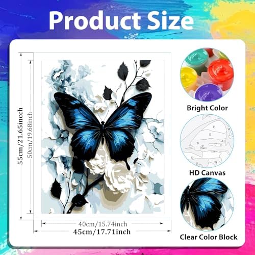 xcemhil Butterfly Paint by Numbers Kit for Adults Beginner, Butterfly Acrylic Paint by Number Kits Suitable for Home Wall Art Decor Gifts 16x20 Inch
