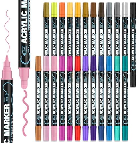 REALZEVA Acrylic Paint Markers, 24 Colors Dual Tip Acrylic Paint Pens for Rock Painting, Fabric, Wood, Canvas, Stone, Glass, Scrapbook, DIY Crafts & Art Supplies - Card Making Supplies. | Dual-Tip Acrylic Paint Pens with Dot & Fine Tips for Fabric, Roc...