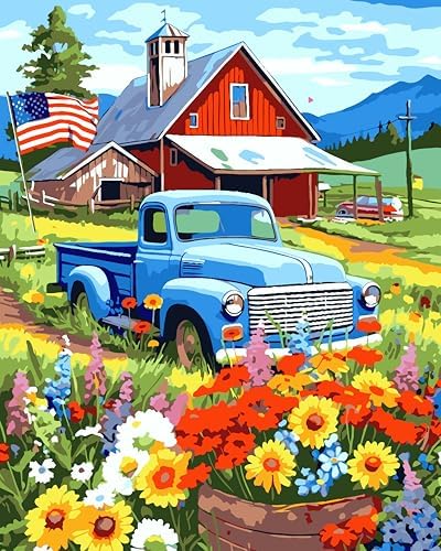 ZTOTZ Vintage Blue Truck Paint by Numbers Kit for Adults, 16x20 in American Farm Countryside Paint by Number Canvas, Red Barn -Floral Landscape Oil Painting for Adults Set