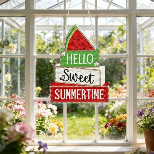 CRZMODE Summer Diamond Art Hanging Kit for Adults, Waterlemon Pendant Diamonds Painting Art Kit, Special Crystal Diamond Art Painting Pendant Ornament, Craft Gift for Women Home Window Decor