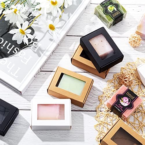 Zonon 30 Pcs Soap Boxes for Homemade Packaging, Mini Kraft Boxes with Window for Bakery Candy Soap Making Gift Packaging, 3.7x2.6x1.4 Inch (Black Brown White)