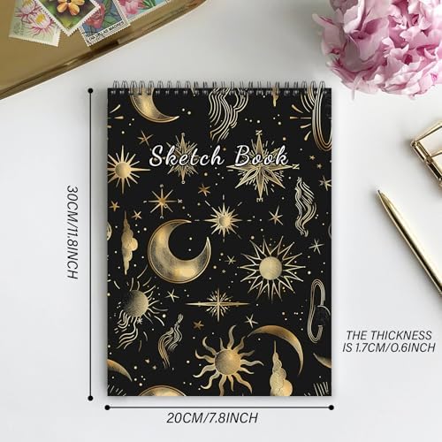Deokke Sketchbook Top Spiral Bound Sketch Pad, 9 x 12 inch,100GSM Thick Paper,50 Sheets 100 Pages,Art Sketch Book Aesthetic Cute Drawing Writing Paper for Girls Women-Sun Moon