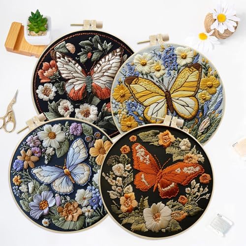 LB 4 Pack Colorful Butterfly Embroidery Kit for Beginners Nature Flower Beginner Embroidery Kit for Adults DIY Starter Kit with Embroidery Hoop Colorful Threads Tools Step by Step Instructions
