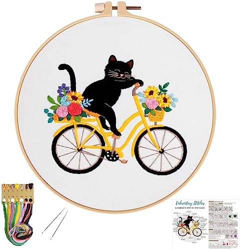 Louise Maelys Cat Bicycle Embroidery Kit for Beginners Floral DIY Craft