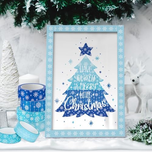 Whaline 12 Rolls Winter Washi Tape Blue Snowflake Theme Washi Tape Masking Decorative Party Gift Warp Paper Tape for Christmas Winter Decor DIY Craft Scrapbook Party Favor Supplies