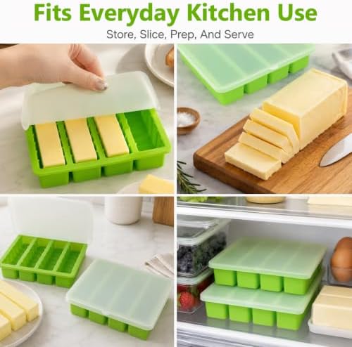 2Pcs Silicone Butter Mold with Lid, Non-Stick Silicone Butter Mold Tray with Scale Marking for Homemade Butter, Standard Size Mold for Soap Bar, Energy Bar, Cake, Chocolate (Green)