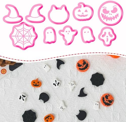 Xaekicr 10PCS Halloween Polymer Clay Cutters Set - Pumpkin Ghost Witch Hat Spider Web Shapes for DIY Earrings - Clay Cutters Clay Earring Cutters Clay Tools