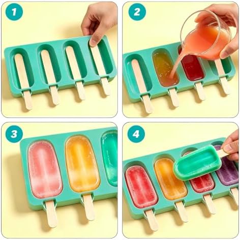 Popsicles Molds, 2Pcs Homemade Cake Pop Molds with Wooden Popsicles Sticks, Reusable Silicone Ice Pop Cream Cakesicle Maker Mold 4 Cavities for Home DIY Craft, Green