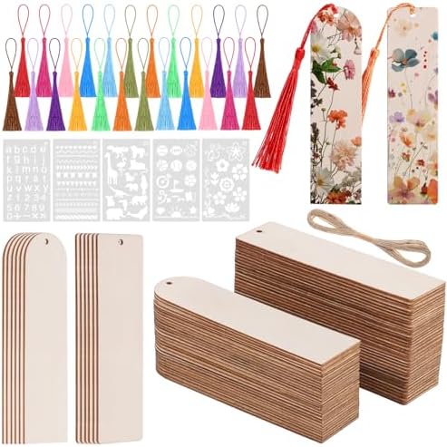126PCS Bookmark Making Kit, 60 Wood Bookmarks with Tassels & Templates
