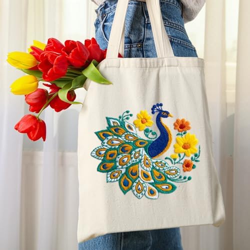 Louise Maelys Peacock Flower Embroidery Kit for Beginners Canvas Tote Bag
