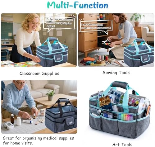 Art Supply Organizer Tote Bag – Craft Caddy with Handle, Utility Storage Tote with Multiple Pockets & Adjustable Divider for Sewing, Scrapbooking, School, Office, Medical Supplies