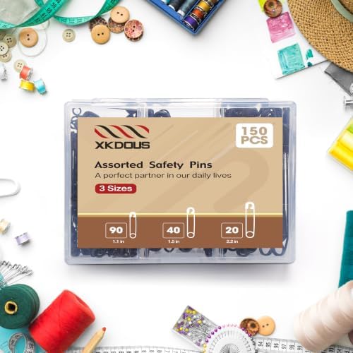 XKDOUS 150 Pack Safety Pins for Clothes 3 Universal Assorted Sizes, Black