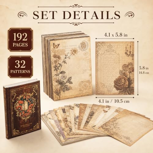 Vintage Scrapbook Paper- 192 Aesthetic Decorative Craft Pages, (4.3" x 6") for Junk Journaling, DIY Collage, Travel Diary & Scrapbooking Supplies