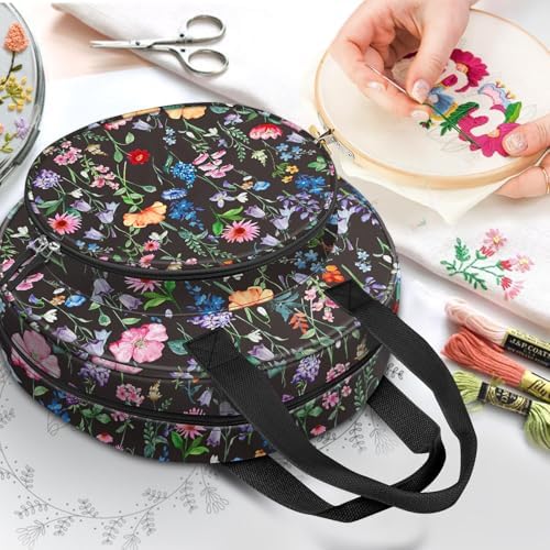 FINPAC Embroidery Project Bag, Embroidery Supplies Storage Carrying Tote Case with Multiple Pockets for Floss, Hoops, Thread, Stitch Tools Kit [Bag Only] (Black Floral)