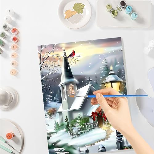 SENQAO Christmas Paint by Numbers for Adults Framed, Winter Church Adults' Paint-by-Number Kits, Adult Paint by Number Kits on Canvas, Acrylic Number Painting for Home Decor, 8x12inch