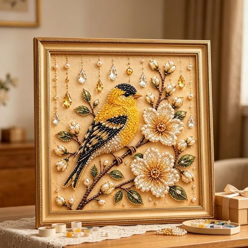 Pearl Art Kits for Adults Bird Flower DIY Beaded Embroidery Kits with Crystal Rhinestones Pearl Painting Craft Kit with Pre-Printed Canvas Handmade Home Wall Decor Gift (Yellow Bird)