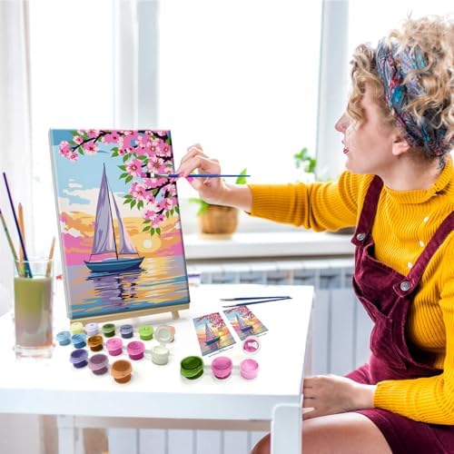 JOOZ Sailboat Paint by Numbers Kit for Adults with Frame Sunset Paint by Number with Easel Flowers Adult Paint by Number Kits Framed Canvas Oil Painting Kits for Home Wall Decor 8x12 Inch
