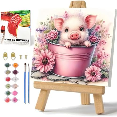 Pig Paint by Numbers Kit for Adults Beginner, Pig Paint by Numbers 10x10 in | Framed Paint by Numbers with Easel, Acrylic Painting by Numbers, DIY Arts and Crafts for Gifts or Home Decor
