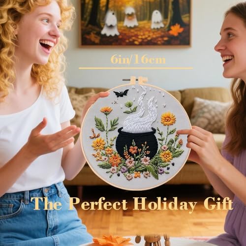 Floral Witch Hat Embroidery Kit Halloween Cross Stitch Material Set with Bat Skull Flower Pumpkin Patterns, DIY Hand Needlepoint Embroidery Craft Kit for Beginners Professional (Floral Cauldron B)