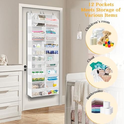 Over The Door Organizer 6 Tiers, Extra Large Behind Door Storage of 12 Compartments, 80 lbs Weight Capacity Hanging Storage Organizer with Clear Window Kids Toys, Shoes,Diapers, Room Storage, White
