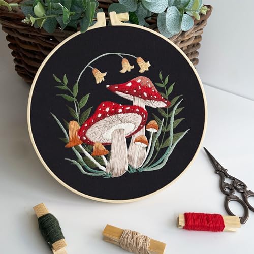 Myfelicity 3 Sets Mushroom Embroidery kit, Adult Beginner DIY Needle kit,Art Craft Handy Sewing Set