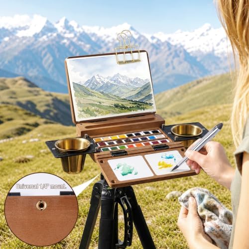 24-Grid Empty Travel Watercolor Palette Box, Fuumuui All-in-One Walnut Wood Palette Tray Kit, Mini Portable Sketchbox for Plein Air Painting with Three Ends Travel Brush and Watercolor Cup
