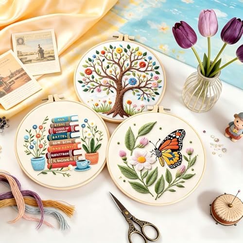 FEIYUENO 3 Sets Embroidery Stitch Kit for Beginners Adults (Tree Book)