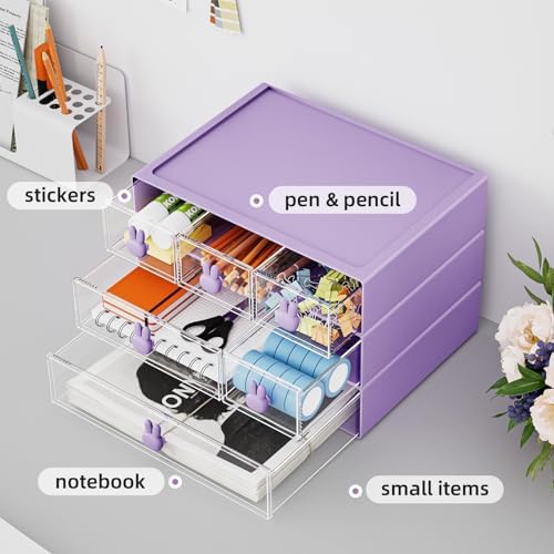 Marbrasse Desk Organizer with 6 Drawers, 3 Tier Stackable Storage Drawers Plastic Makeup Storage, Office Organizers and Storage, Desk Storage Box for Office, School, Home Purple