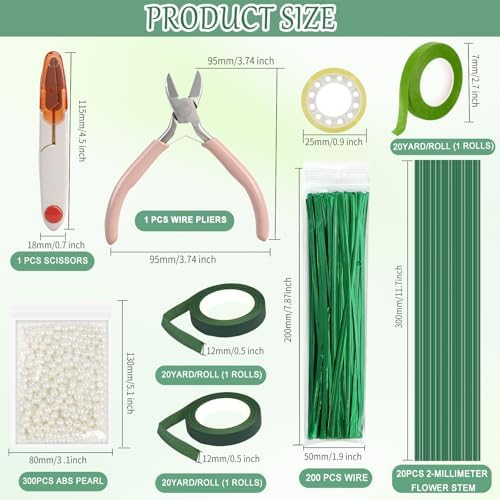 DIY Handmade Floral Craft Tool Set, Money Flower Bouquet Making Supplies Kit – Includes ABS Pearls, Metal Floral Wire, 2mm Flower Stems, Cutting Scissors, Floral Pliers and Green Floral Tape
