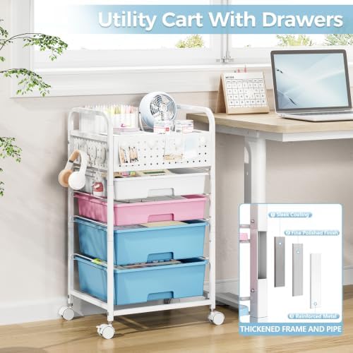 4 Drawer Rolling Storage Cart with Pegboard Top and Hooks, Pink&Blue