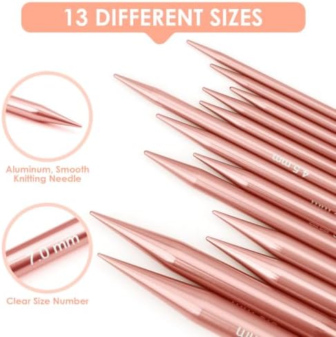 Interchangeable Circular Knitting Needles Set Premium Aluminum Knitting Kit 13 Pairs of 4 Inch with 4 Cables, Accessories and Storage Bag Rose Gold