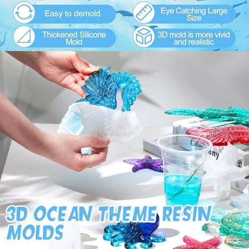 Qinyoung 4 Pcs Ocean Theme Resin Molds 3D Silicone Epoxy Resin | Seahorse Shells Starfish Octopus Molds Epoxy Casting for Art Crafts, Wall Decor, Beach Themed Projects, Summer Holiday Gifts