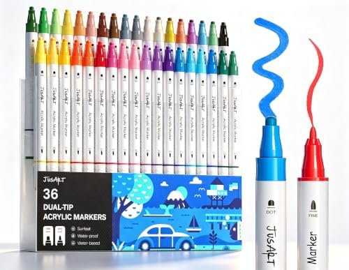 JusArt Acrylic Paint Markers 36 Colors, Dual Tip Art Supplies for Rock