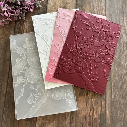 Plum Blossom Bird 3D Embossing Folder, Spring Branch Plastic Textured Stencil for DIY Scrapbooking Card Making Paper Crafts