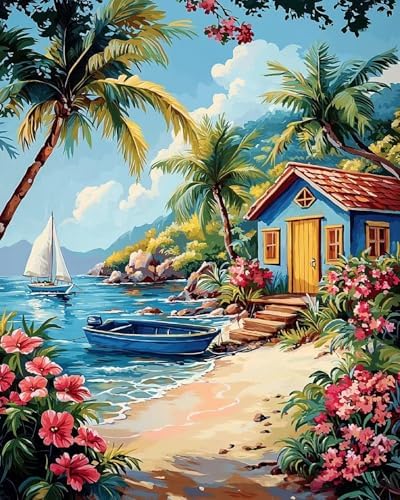 Possoco Paint by Numbers Kit for Adults Beginner, Beach Landscape Easy Adult Paint by Number Kits on Canvas, DIY Acrylic Watercolor Oil Paint by Number for Adults for Home Decor Gift 16x20 Inch