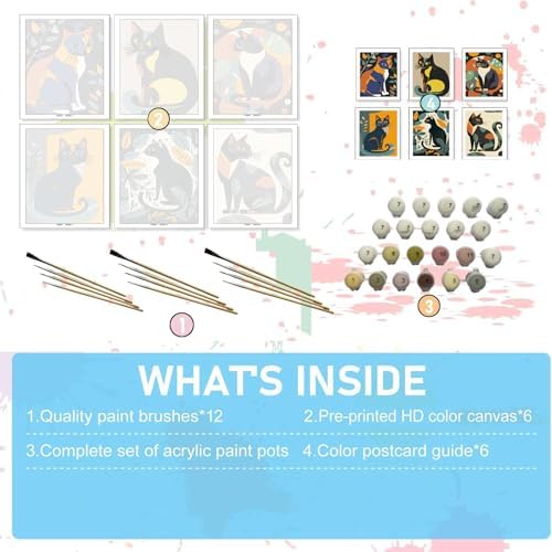 Jethami 6 Pack Cute Cat Paint by Numbers Kit for Adults 8 x12in | Easy to piant for beginners, Diy art craft, Relaxing & Stress relief, High definition canvas, Home wall decor, Vivid colors
