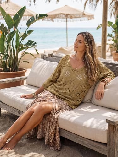 Womens Crochet Top Summer 3/4 Sleeve Cover Up V Neck Boho Tops