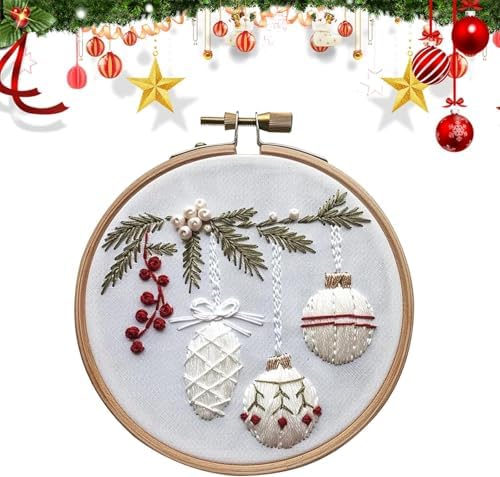 RUIQLXHANG Christmas Embroidery Kit, Christmas Gnomes Embroidery Kits for Beginners with Pattern, Cotton Threads, Needles, Instruction, 20cm Hoop, Gift for Mom, Grandma (Holly Bauble)