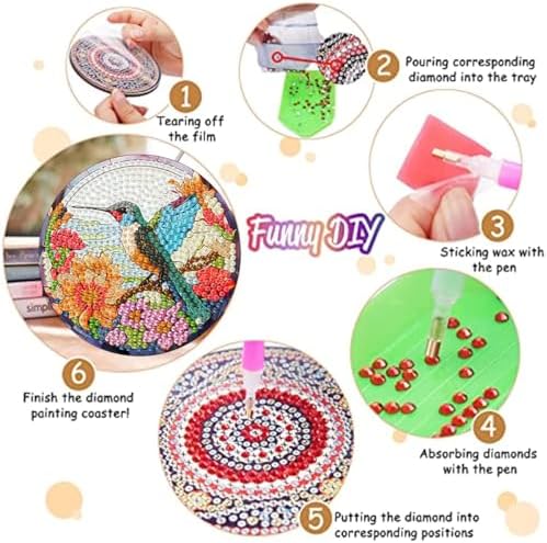 8 Pack Diamond Art Coasters,Hummingbird flowers Diamond Painting Coasters