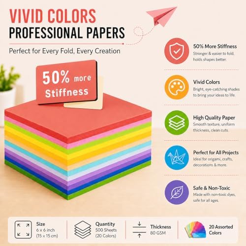 Origami Paper 1000 Sheets 6x6 Inch Colored Craft Paper Double Sided | Smooth Paper,No-Fading,Holds Crisp Creases,Eco-Friendly, Multi Vivid Colors for DIY Handmade Craft，Kids ,Ideal Gifts