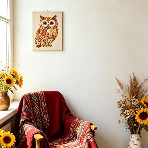 FONNUY Floral Owl Embroidery Kit for Beginners, DIY Handmade Flower Animal Embroidery Set with Hoop, Stamped Cross Stitch Kit for Adults, Unique Home Wall Art Decor & Craft Gift (Orange)