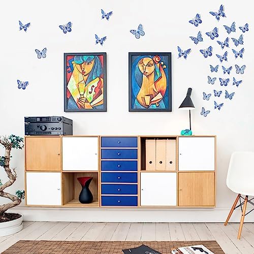 SAOROPEB Butterfly Wall Stickers, 48 Pcs 4 Styles 3 Sizes, Metallic Paper, Removable, Navy Blue, Art Deco Decor for Wall | 4 Styles 3 Sizes, Butterfly Birthday Decorations Butterfly Party Decorations Cake Decorations, Removable Stickers
