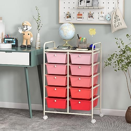 Giantex 10 Drawers Rolling Cart, Classroom Organizers, Storage Cart with Wheels, for Teacher Office Home School Supplies Tool Craft Art Paper, Pink Gradient