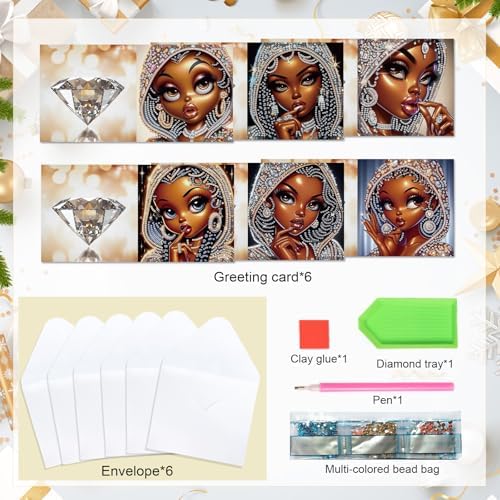 AiYuanzsh 6 Pcs 5D Diamond Painting Greeting Card Kits, Luxury Black Beauty Design DIY Diamond Art Greeting Cards with Envelopes, Handmade Rhinestone Cards for Adults Birthday & Festival Celebration