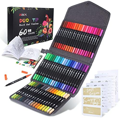 ZSCM 60 Colors Markers for Adult Coloring Books No Bleeding - Duo Tip Pens | Fine & Brush Coloring Marker for Adult Calligraphy, Illustration, Cards Drawing, Note taking Lettering, Journaling