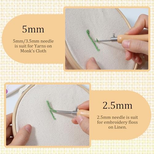Oruola 5pcs Punch Needles, Lavor Punch Needle Set for Beginner DIY Craft Floss Cross Stitching Embroidery Tools,2.5/3.5/5mm Metal Tubes Wooden Punch Needle Tool and Punch Needle Threader