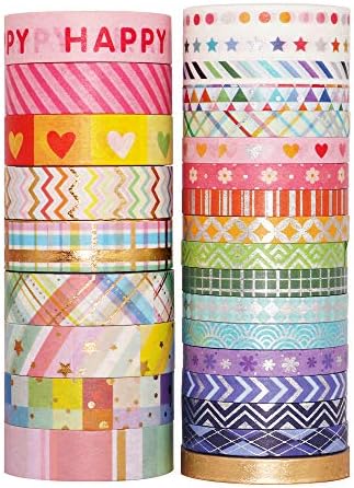 YUBBAEX Bright Mix Gold Washi Tape Set VSCO Foil Masking Tape Decorative for Arts, DIY Crafts, Journal Supplies, Planners, Scrapbook, Card/Gift Wrapping -5/10mm- (Rainbow 27 Rolls)