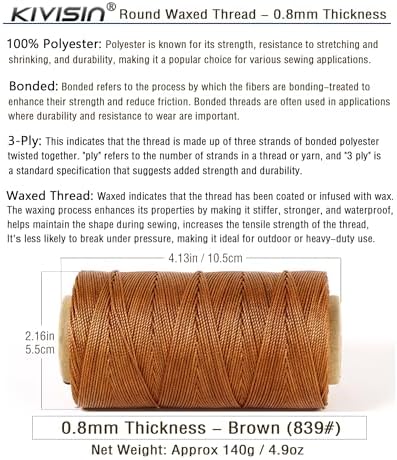 Bonded 0.8mm Round Waxed Polyester Cord, 3-ply Wax Coated Thread, 197 Yards Stiff String for Heavy Duty Fabric, Leather Sewing, Book Binding, Upholstery Repair, and Macrame Jewelry - Brown