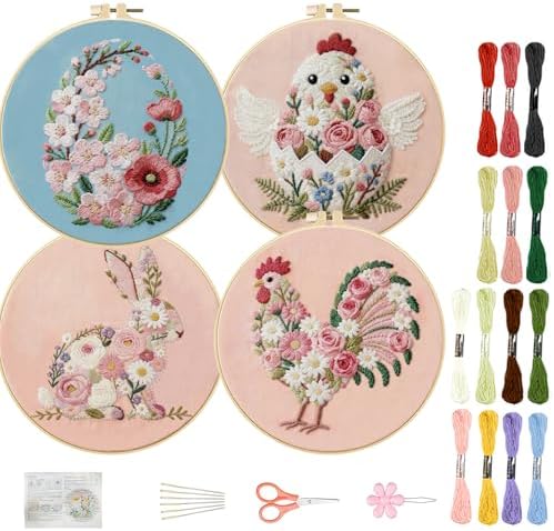 FREEBLOSS 4 Sets Embroidery Kit for Beginners Needlepoint Embroidery Starter Kit with Easter Floral Stamped Patterns, Instructions, Colored Threads, 2 Hoops 11.6"/29.5cm